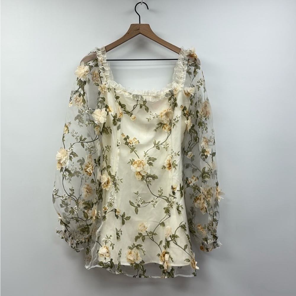 Sugar Thrillz Floral Sheer Mini Dress - Cream and Green